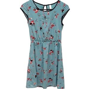 Floral Drawstring Waist Cap-Sleeve Dress - Teal